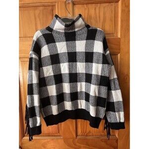 Lauren Ralph Lauren Buffalo Plaid Black and White Cowl Neck Fringed Sweater Sz S